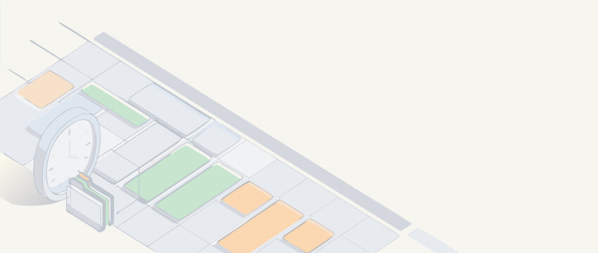 Minimalist panoramic vector banner illustration featuring a modern digital calendar layout with time blocking organization blocks and faint geometric shapes for productivity and scheduling concepts.