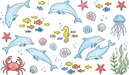 Cute watercolor style dolphin cartoon vector set featuring sea life marine animals crab starfish seahorse jellyfish shells isolated on plain white background © Mifta