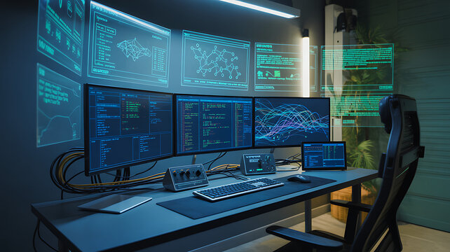 Computer workstation with multiple monitors displaying data and graphs, in a dark room with green and blue screens