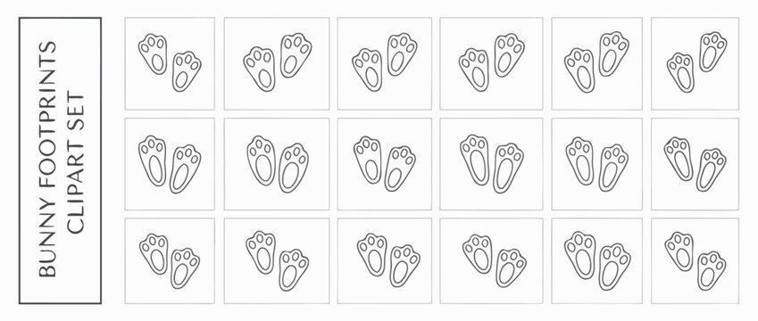 Elegant vector icon set of 20 bunny footprints and paw prints in luxury line art style, featuring thin strokes and artistic designs perfect for sophisticated spring decor and animal-themed branding.
