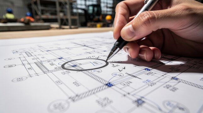 Architect drafting building plans on blueprint with pen