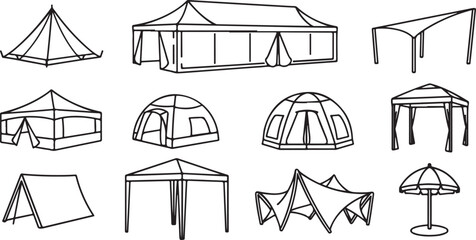 Various types of tents and outdoor canopies illustration collection Vector © Runa