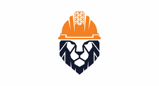 Lion wearing construction hard hat logo on white background