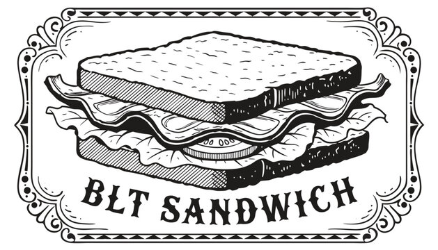 Very beautiful black-and-white engraved vector illustration featuring BLT SANDWICH with bacon, lettuce, tomato, toasted bread, and decorative label reading "BLT SANDWICH". Detailed monochrome food eng