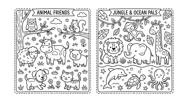 Jungle and ocean animal vector illustration with floral ornament details