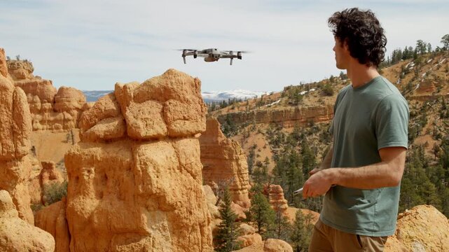 Slow Motion of Man Launching Drone at Dixie National Forest