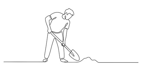 Man digging with a shovel in a continuous single line drawing style © PULOK