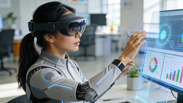 Reacting to AR activation, woman in gray suit manipulating AR charts, adjusting analytics at desk