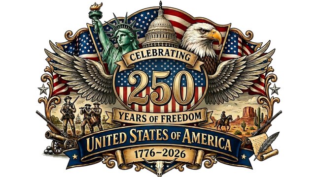 Celebrating 250 years of freedom united states of america 17762026 emblem with statue of liberty, us capitol, bald eagle, american flag, and historical icons