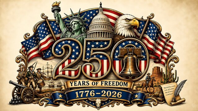 250 years of freedom 17762026 commemorative illustration with american symbols statue of liberty capitol building eagle liberty bell and historical figures
