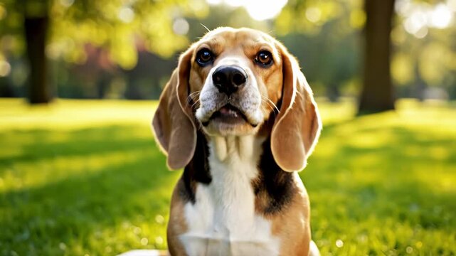 Portrait of an adorable beagle dog sitting in a sunny park with a blurred green background