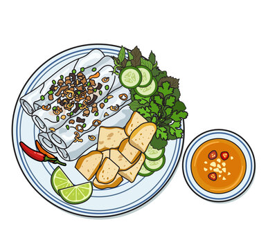 Traditional Vietnamese Banh Cuon steamed rice rolls with pork sausage slices vector illustration