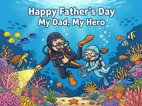 Underwater father's day scene with diver and child
