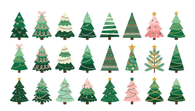 Christmas pine tree set with cute holiday decorations. Garlands, ornaments, golden stars, bows, lights, winter patterns and pink stickers.