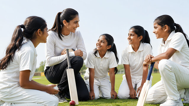 Women Cricket Team Discussing Strategy on Field