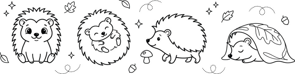 Cute Autumn Hedgehog Cartoon Character Line Art Vector Icon Set with Mushroom Leaf and Acorn © MstBabli