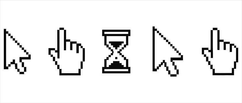 Collection of pixel art computer mouse cursor icons including arrows and pointer hand shapes with interface computer hourglass selection technology software illustration