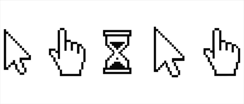 Collection of pixel art computer mouse cursor icons including arrows and pointer hand shapes with interface computer hourglass selection technology software illustration