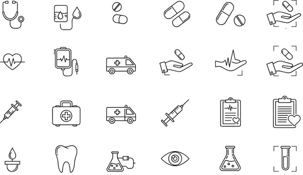 Medical and healthcare line icon set featuring hospital ambulance heart lungs pills wheelchair and first aid symbols