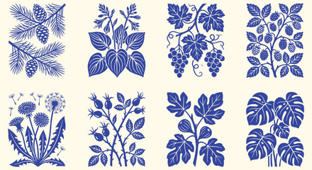 Monocolor botanical block print square set. dark blue pine branch, grapes, dandelion, monstera frond, leaves. for organic ceramic tile prints, rustic nature posters. vintage vector graphic. © ARTIST LAB