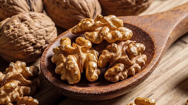 Whole and shelled walnuts on wooden spoon and table
