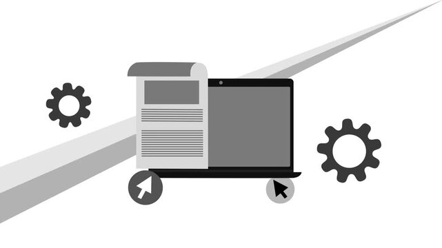 Laptop with document and gear icon animation, Flat laptop with a document overlay cursor arrows as wheels