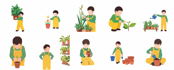 Fototapeta premium Little Boy Gardening and Planting Activity Set Vector Illustration