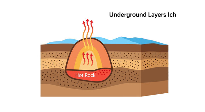 Geological illustration shows underground layers with molten hot rock and steam rising.