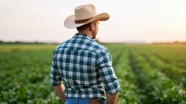 Farmer man back view cowboy hat plaid shirt field crop agriculture rural outdoor adult standing green horizon farm plantation countryside rear