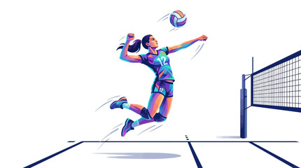 Fototapeta premium Volleyball Player Jumping to Spike Ball - Dynamic Action Illustration