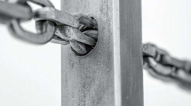 Close-up view of a sturdy metal joint with intricate chain links, highlighting industrial strength and robust construction.