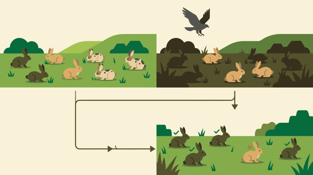Group of wild rabbits in meadow illustration.