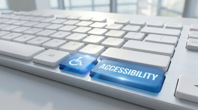 Accessibility button on modern silver keyboard with blue glowing wheelchair icon for digital inclusion concept.