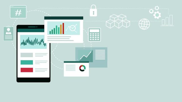 Flat animated of mobile data dashboard with charts, graphs and icons on a muted animation