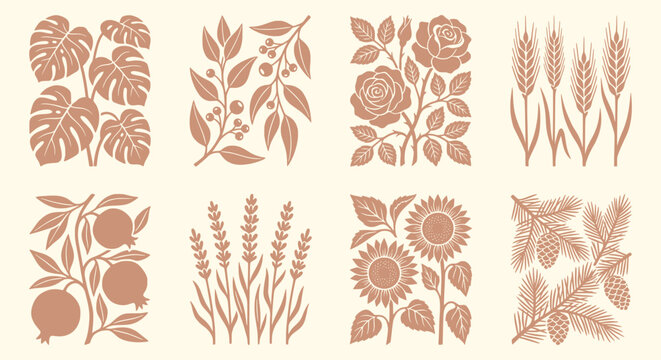 Monocolor floral block print square set. copper rose, monstera, sunflower, pine branch, lavender, pomegranate. for botanical wedding invitations, organic branding. vintage vector graphic.