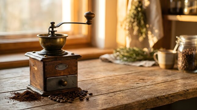 Vintage wooden coffee grinder on a rustic table in a sunlit kitchen