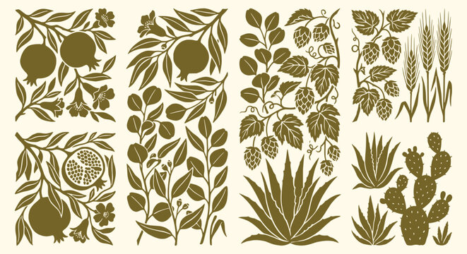 Rustic botanical block print floral collection. olive green panels, pomegranate, hops, wheat, agave, branch vines. for organic food packaging, farm brewery labels. vintage vector art set.