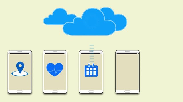 Mobile devices under cloud syncing, Five smartphones in a row under a loading cloud icon, simple flat tech animation