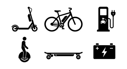 Electric Mobility Icons: Scooter, Bicycle, Skateboard, Unicycle, Charger, Battery © Purnima