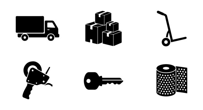 Logistics Icons: Delivery Truck, Boxes, Hand Truck, Tape Dispenser, Key, Bubble Wrap