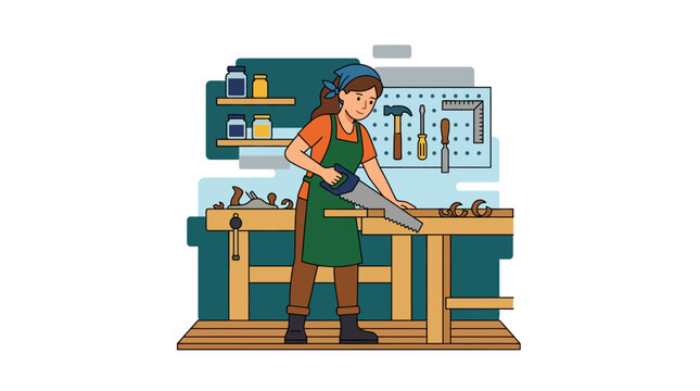 Woman Carpenter Sawing Wood at Workbench in Workshop