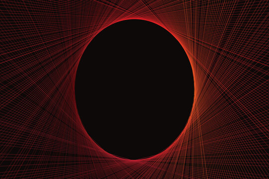 Red and orange abstract geometric lines forming an oval shape on black background