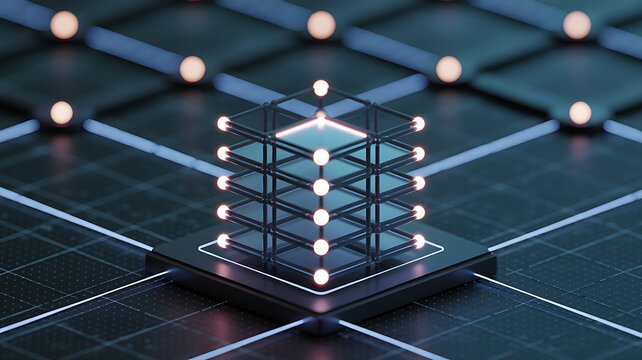 Glowing 3 d cube structure on a grid background, with illuminated nodes and a futuristic