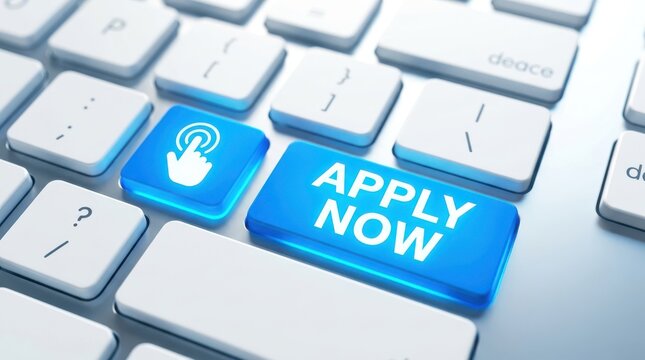 Apply now button on computer keyboard, concept for online applications, job search, and digital forms.
