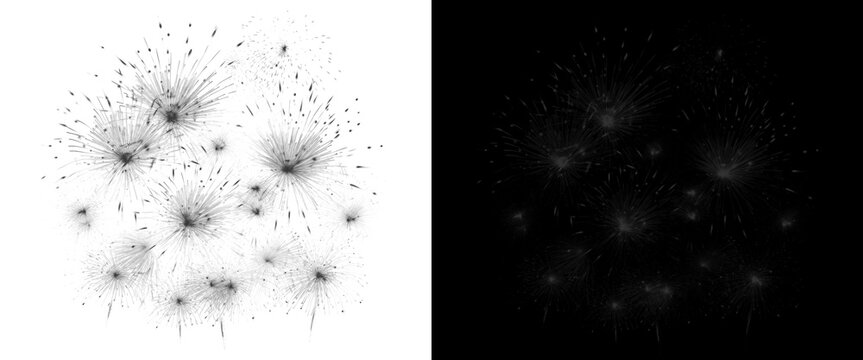 Abstract fireworks explosion on white background, black firework burst silhouette, monochrome pyrotechnic display for celebration and holiday design