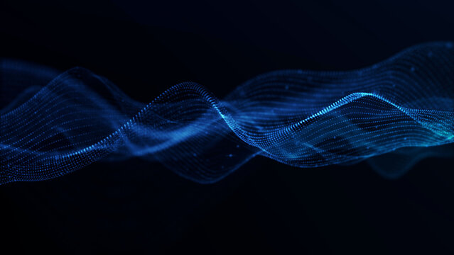Flowing blue particle waves sweep across a dark background, forming a smooth abstract line pattern for technology presentations, data concepts, modern branding, and motion inspired design.