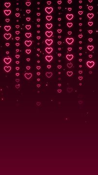 valentines day neon lights hearts strings on dark background animation, shiny and glowing valentine and romantic love vertical social media motion background