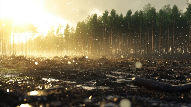 Harsh sunlight illuminates a severely deforested area with scattered debris, highlighting the stark impact of climate change on a forest environment.