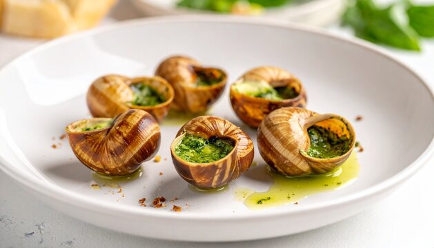 Gourmet French Escargot with Garlic Herb Butter on a White Plate