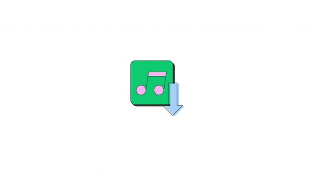 Music download neubrutalism UI element animation. Audio application icon with note and downward arrow. Animated flat user interface component for web and app design. Neo memphis motion graphic